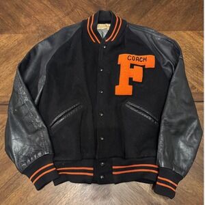 Vintage F Coach Letterman Jacket Black Leather Wool Orange Trim Size 44 |K1